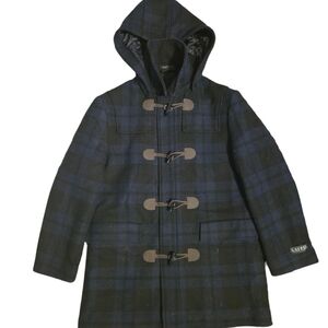 Navy & Black Plaid Hooded Duffle Coat